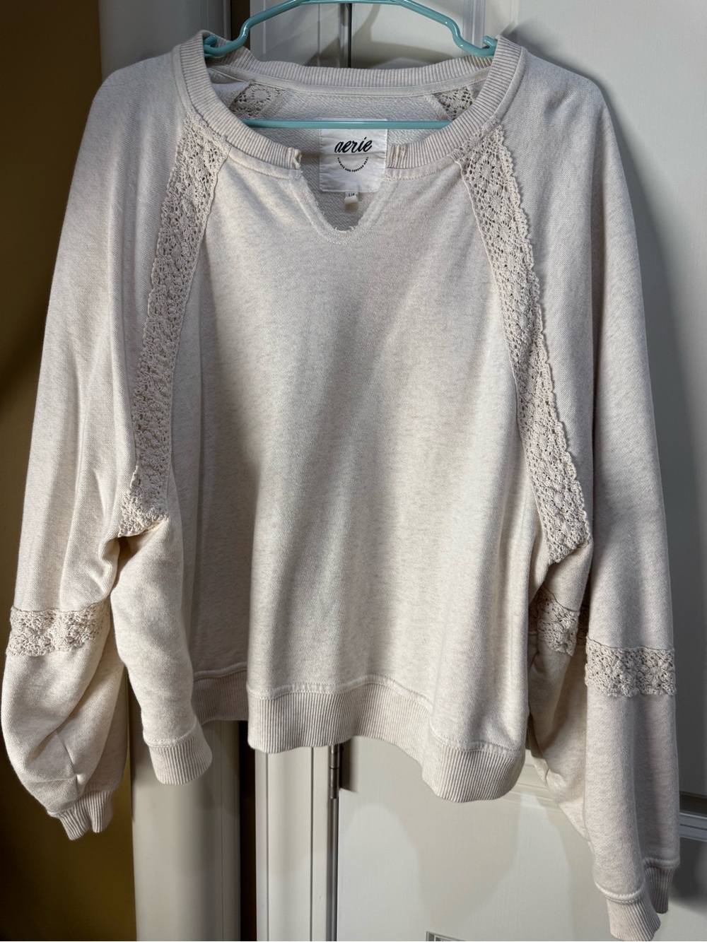 aerie Heather oatmeal Lace-Trim Scoop-Neck Pullover Sweater